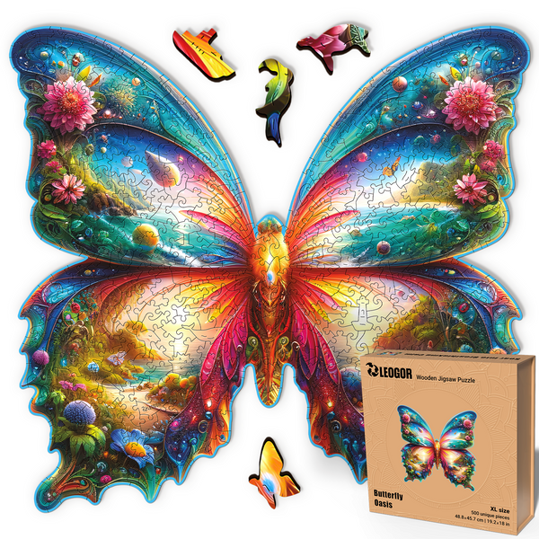 Butterfly Oasis Wooden Puzzle 500-Piece Handcrafted Mosaic Jigsaw for Adults