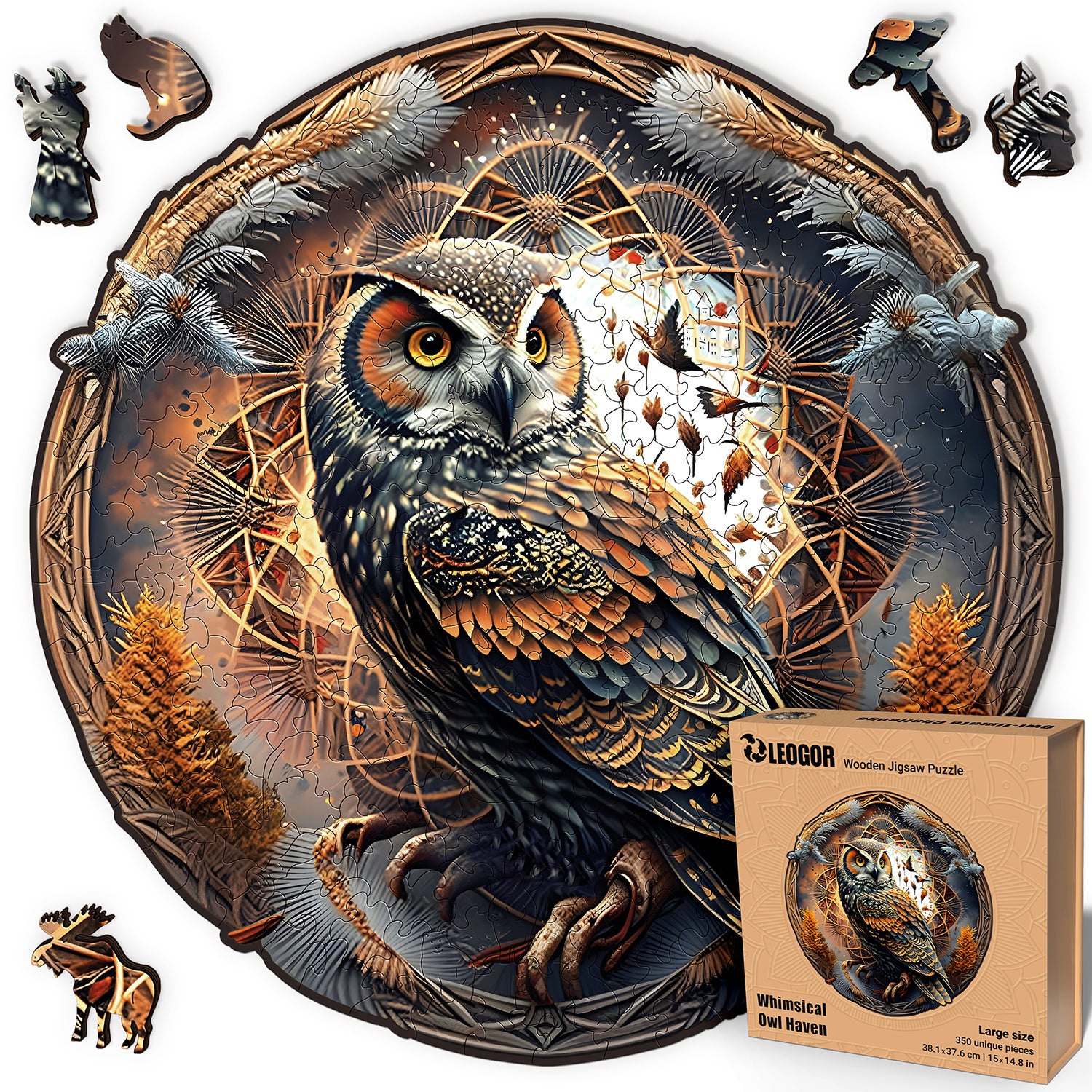 Mandala Owl Wooden Puzzle - Whimsy 350 Piece, 15 x 14.8 inches