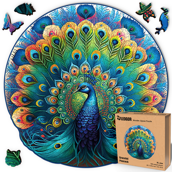 Graceful Peacock Wooden Puzzle 500-Piece Handcrafted Jigsaw for Adults